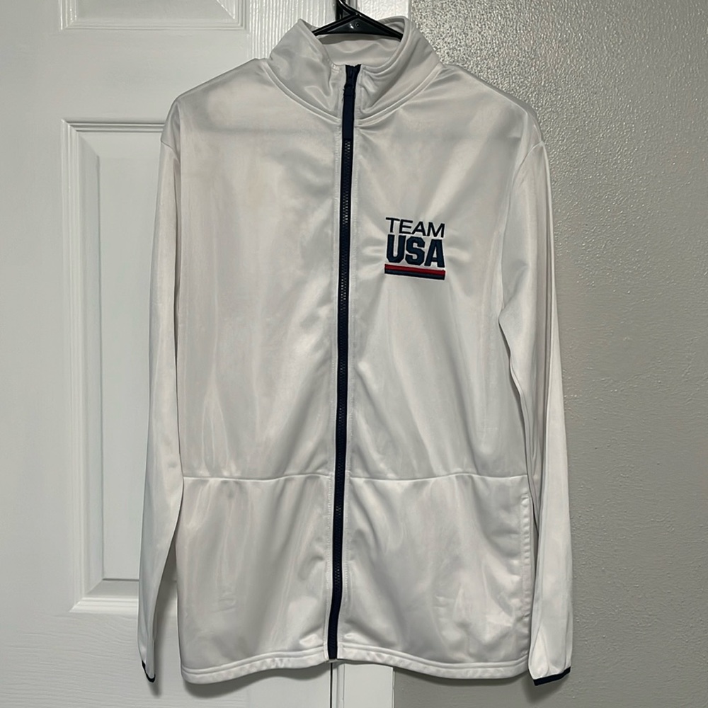 Team USA BDA Olympic Unisex White Zip Up Warm Up Jacket with Navy Trim